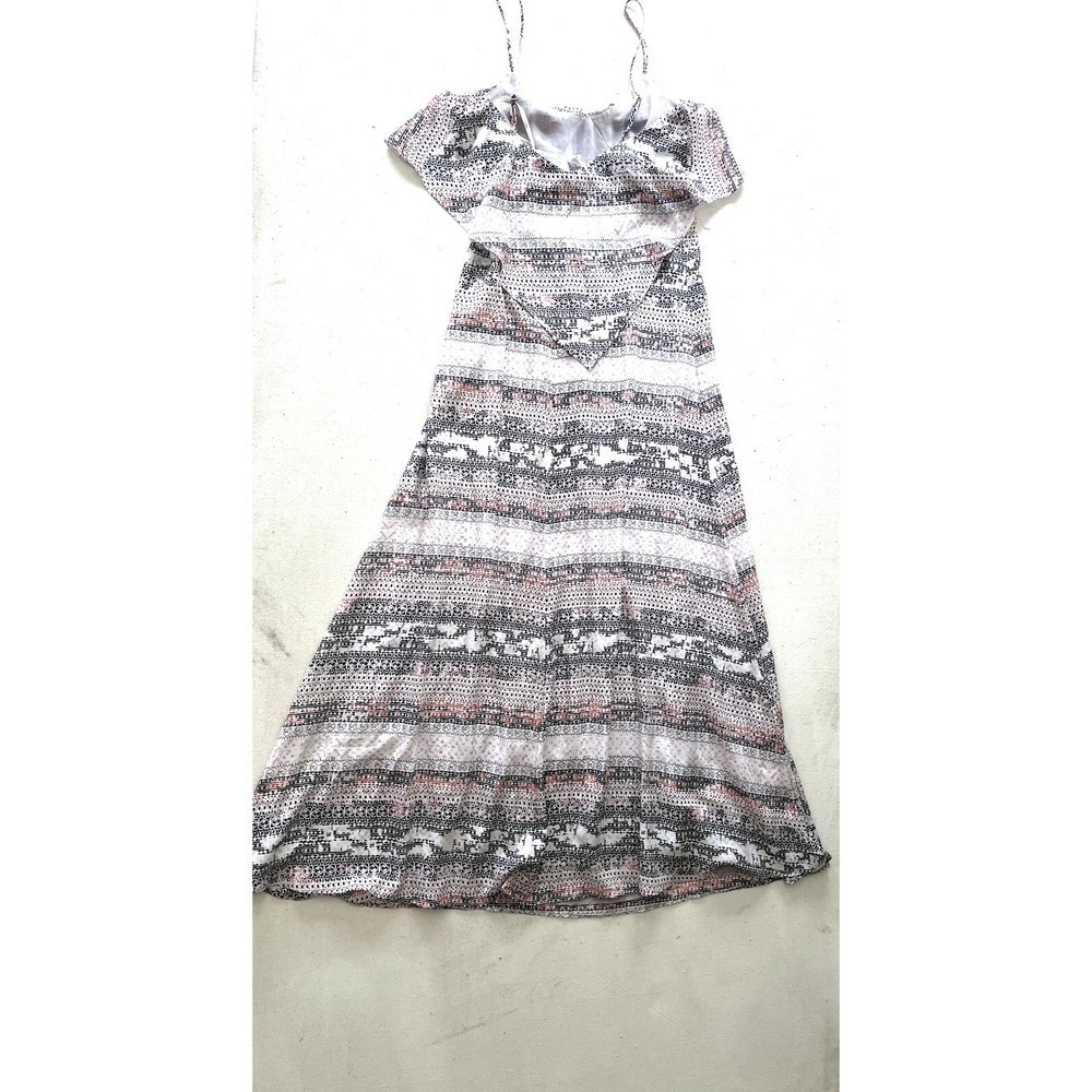 BCBGeneration Womens Small Gray Geometric Maxi Dress Ruffle Boho Spaghetti Strap